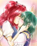  blush closed_eyes couple dated green_hair hair_bobbles hair_ornament hand_on_another's_back hand_on_another's_head heart heart_of_string kiduki_kaya kiss long_sleeves multiple_girls no_hat no_headwear onozuka_komachi pink_background red_hair shiki_eiki short_hair short_sleeves sketch touhou two_side_up upper_body yuri 