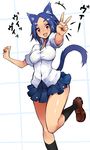  animal_ears aruko_(nac000) blue_hair blush breasts cat_tail highres looking_at_viewer medium_breasts nac000 open_mouth original red_eyes school_uniform short_hair skirt solo tail v 