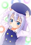  :&lt; beret blouse blue_eyes blush buttons gochuumon_wa_usagi_desu_ka? hands_on_headwear hat kafuu_chino kafuu_chino's_school_uniform kaon852 long_hair long_sleeves purple_hair school_uniform solo uniform 