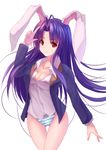  alternate_hairstyle animal_ears bad_id bad_pixiv_id blue_panties bow bow_panties breasts bunny_ears cleavage hands highres long_hair long_sleeves medium_breasts no_pants panties purple_hair red_eyes reisen_udongein_inaba solo striped striped_panties thigh_gap touhou underwear youxuemingdie 