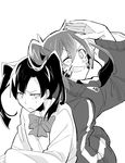  akinai_ari back-to-back bad_id bad_pixiv_id bow bowtie dual_persona ene_(kagerou_project) enomoto_takane greyscale grin kagerou_project long_hair monochrome multiple_girls one_eye_closed smile spoilers twintails 