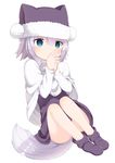  animal_hat blue_eyes cat_hat hat highres konjiki_no_word_master muir_castreia muku_(muku-coffee) silver_hair sitting solo tail thighs white_background 