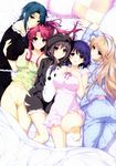  :&lt; absurdres amagase_yuuki animal_hood barefoot bed bed_sheet bell cat_hood chemise girl_sandwich highres hood iizuki_tasuku inubousaki_aya jingle_bell kurokawa_sera light_smile long_hair lovely_x_cation lying multiple_girls nanasawa_yuni on_bed pajamas parted_lips pillow pom_pom_(clothes) sandwiched shirt short_hair side_ponytail smile striped striped_shirt tsukioka_misasa 