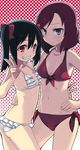  ass bangs bare_shoulders bikini black_hair blush flat_chest frilled_bikini frills front-tie_top grin hair_between_eyes halftone halftone_background hand_on_hip long_hair looking_at_viewer love_live! love_live!_school_idol_project multiple_girls navel nishikino_maki purple_eyes red_bikini red_eyes red_hair serious side-tie_bikini smile sweatdrop swept_bangs swimsuit twintails twisted_torso v white_bikini yazawa_nico yu_65026 