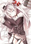  amatsukaze_(kantai_collection) bed_sheet black_panties blush choker closed_eyes daidai_ookami dress fang garter_straps kantai_collection long_hair off_shoulder panties sailor_dress short_dress side-tie_panties silver_hair sleeping solo underwear 