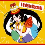  ;d black_hair breasts cake food gloves hat leaning_forward long_hair looking_at_viewer medium_breasts microphone one_eye_closed open_mouth smile solo star ting_come tower_records treble_clef twintails 