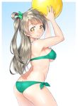  arms_up ass ball bikini blush breasts brown_hair gradient gradient_background green_bikini hair_ribbon large_breasts long_hair looking_at_viewer love_live! love_live!_school_idol_project minami_kotori one_side_up onsoku_maru ribbon side-tie_bikini simple_background smile solo swimsuit yellow_eyes 