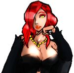  animated animated_gif breasts cleavage hair_over_one_eye innocent_unjust large_breasts lowres pixel_art red_hair sprite xpisigma yellow_eyes 