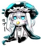  akaza alternate_costume blue_eyes cape commentary hat jitome kantai_collection pacifier shinkaisei-kan simple_background solo teeth toddler translated white_background white_hair white_skin wo-class_aircraft_carrier younger 