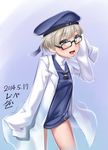  blue_eyes clothes_writing glasses h_kasei hat kantai_collection labcoat short_hair silver_hair solo z1_leberecht_maass_(kantai_collection) 