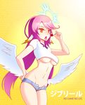  angel_wings breasts candy crop_top crop_top_overhang feathered_wings food groin halo hand_on_hip highres jibril_(no_game_no_life) kuso_otoko large_breasts lollipop long_hair low_wings magic_circle midriff navel no_game_no_life open_fly open_mouth purple_hair shirt short_shorts shorts skindentation solo taut_clothes taut_shirt tongue unbuttoned underboob unzipped very_long_hair white_wings wings yellow_eyes 