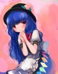  bad_id bad_pixiv_id blue_hair bow dress food fruit gradient gradient_background hands_on_own_chest hands_together hat hinanawi_tenshi layered_dress leaf long_hair looking_at_viewer maccha_cocoa_(mococo) parted_lips peach pink_background red_eyes short_sleeves simple_background solo touhou 