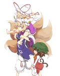  anaguma_(regret_party) animal_ears barefoot blonde_hair bloomers brown_hair carrying cat_ears cat_tail chen china_dress chinese_clothes dress earrings fox_tail frilled_sleeves frills hat jewelry lolikari long_hair looking_at_another miniskirt mob_cap multiple_girls multiple_tails purple_dress purple_eyes ribbon short_hair shoulder_carry skirt smile tabard tail thigh_ribbon touhou underwear wide_sleeves yakumo_ran yakumo_yukari yellow_eyes younger 
