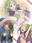  1girl armpits book bow breasts cape circlet cleavage closed_eyes fire_emblem fire_emblem:_kakusei gloves green_hair hat imagining jewelry large_breasts long_hair looking_at_viewer mamkute mamoru_(pixiv) nono_(fire_emblem) older open_mouth pendant pointy_ears ponytail purple_eyes richt_(fire_emblem) smile sweatdrop witch_hat 