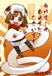  2013 :p animal animal_hat ankle_boots black_legwear boots brown_eyes brown_footwear brown_hair coat full_body hat hirai_yukio long_sleeves looking_at_viewer original pantyhose pleated_skirt scales scarf short_hair skirt snake solo tongue tongue_out white_skirt 