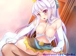  1girl after_sex artist_name bare_shoulders blush bra bra_pull breasts censored elbow_gloves girl_on_top gloves kii_(theory) large_breasts midriff mosaic_censoring navel open_mouth original purple_eyes purple_hair pussy sweat thighhighs underwear white_gloves white_legwear 