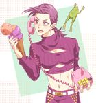  food freckles hokuto_shun ice_cream jojo_no_kimyou_na_bouken male_focus midriff phone purple_eyes purple_hair solo sweater vinegar_doppio 