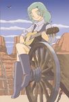  1girl acoustic_guitar animal bird boots elchi_cargo flying green_hair guitar instrument musical_instrument no_pupils sentou_mecha_xabungle sitting smile solo 