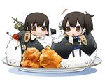  2girls akagi_(kantai_collection) arrow bow_(weapon) brown_eyes eating flight_deck food hakama_skirt hirai_yukio holding holding_weapon japanese_clothes kaga_(kantai_collection) kantai_collection kimono multiple_girls muneate onigiri open_mouth plate rice side_ponytail simple_background smile tareme triangle_mouth wavy_mouth weapon white_background 