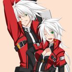  1boy 1girl arc_system_works artist_request blazblue blush breasts cleavage dual_persona genderswap green_eyes grin heterochromia jacket long_hair open_mouth ragna_the_bloodedge red_eyes red_jacket short_hair smile sword very_long_hair weapon white_hair wink 