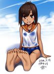  :d barefoot blush_stickers brown_eyes brown_hair dated feet foreshortening h_kasei i-401_(kantai_collection) kantai_collection one-piece_swimsuit open_mouth pov_feet school_swimsuit shirt short_hair signature sitting smile soles solo swimsuit swimsuit_under_clothes tan toes wet wet_clothes wet_shirt 