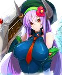  breasts flower hair_flower hair_ornament hat highres horns large_breasts md5_mismatch necktie pupps purple_hair solo wings 