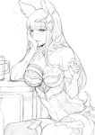  1girl animal_ears armor bare_shoulders blush breasts cleavage commentary_request deras drunk elbow_gloves erune eyebrows_visible_through_hair gloves granblue_fantasy greyscale hair_ornament head_rest korwa large_breasts long_hair looking_at_viewer monochrome parted_lips smile solo table thighhighs 