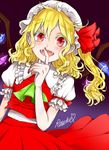  ascot blonde_hair bow colored_eyelashes crystal curly_hair fangs finger_to_mouth flandre_scarlet gradient gradient_background hair_bow hat mob_cap open_mouth puffy_short_sleeves puffy_sleeves red_eyes red_skirt rosette_(roze-ko) short_hair short_sleeves side_ponytail skirt skirt_set slit_pupils smile solo touhou vampire wings wrist_cuffs 