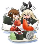  &gt;_&lt; :3 anchor_hair_ornament bangs binoculars blonde_hair blush brown_hair chibi closed_eyes dress eating flying_sweatdrops food fruit full-face_blush hair_ornament hirai_yukio kantai_collection karashi_mentaiko long_hair makizushi multiple_girls o3o onigiri plate rensouhou-chan robot roe sailor_collar sailor_dress shimakaze_(kantai_collection) short_hair simple_background spicy spitting striped striped_legwear sushi sweat sweatdrop thighhighs triangle_mouth turret umeboshi wasabi white_background wince yukikaze_(kantai_collection) 