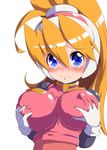  alternate_breast_size bangs blonde_hair blue_eyes blush breasts ciel_(rockman) closed_mouth commentary_request covered_nipples eyebrows_visible_through_hair frown gloves grabbing_own_breast hair_between_eyes hands_on_own_breasts hands_on_own_chest headgear helmet large_breasts long_hair looking_at_viewer ponytail rockman rockman_zero self_fondle semikichi smile solo upper_body white_background white_gloves 