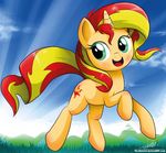  blonde_hair blue_eyes cloud cutie_mark equestria_girls equine female field grass hair horn horse light mammal mountain my_little_pony outside portrait red_hair sky smile solo sun sunset_shimmer_(eg) the-butch-x two_tone_hair unicorn 