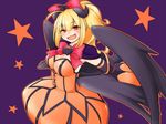  artist_request blonde_hair breasts cleavage cosmic_break dress fang large_breasts orange_dress pepo_pucchi red_eyes red_ribbon ribbon solo wings 