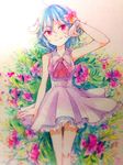  adapted_costume arm_at_side ascot crossed_legs dress flower hair_flower hair_ornament lavender_hair looking_at_viewer miniskirt pink_dress red_eyes remilia_scarlet rosette_(roze-ko) short_dress skirt sleeveless sleeveless_dress smile solo standing touhou 