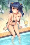  :p arm_support bikini black_hair blush brown_eyes drink hair_bobbles hair_ornament highres long_hair navel original palm_tree partially_submerged pool poolside shiny shiny_skin side-tie_bikini sitting solo swimsuit tongue tongue_out tree twintails water youbou 