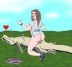  bestiality bindi_irwin brown_hair crocodile female feral hair human interspecies male mammal reptile scalie thumbs_up vaginal 