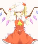  ascot blonde_hair bow brooch colored_eyelashes crystal dress fang fang_out flandre_scarlet hair_bow hand_on_headwear hat highres jewelry looking_at_viewer mob_cap red_dress red_skirt short_hair side_ponytail skirt skirt_set smile solo touhou tsutsunuke wings wrist_cuffs 