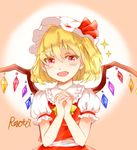  ascot blonde_hair blouse bow colored_eyelashes crystal fangs flandre_scarlet gradient gradient_background hair_bow hands_clasped hat interlocked_fingers looking_at_viewer mob_cap open_mouth own_hands_together red_blouse red_eyes rosette_(roze-ko) short_hair side_ponytail signature slit_pupils solo sparkle touhou wings 