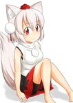  animal_ears bare_shoulders barefoot blush breasts detached_sleeves elu_butyo hat highres inubashiri_momiji looking_at_viewer medium_breasts pom_pom_(clothes) red_eyes short_hair silver_hair simple_background sitting smile solo tail tokin_hat touhou white_background wolf_ears wolf_tail 