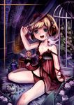  animal animal_on_shoulder arm_ribbon babydoll bad_id bad_pixiv_id bird_on_shoulder birdcage blonde_hair blue_eyes bow bowtie cage cross curtains eyelashes fairy_wings flask flower folded_leg hair_bow headphones highres jar lily_of_the_valley lingerie looking_at_viewer medicine_melancholy open_mouth panties red_panties ribbon sanso short_hair sitting solo strap_slip su-san touhou underwear underwear_only wings 