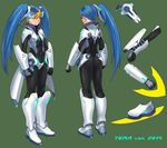  android armor bad_id bad_pixiv_id blue_hair character_sheet eriance green_background long_hair multicolored_hair multiple_views neon_lights neon_trim orange_hair original skates twintails unitard weapon wedgie yellow_eyes 