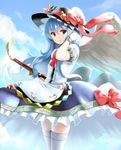  angel_wings bad_id bad_pixiv_id blue_hair bracelet food fruit hat hinanawi_tenshi jewelry lace lace-trimmed_thighhighs long_hair looking_at_viewer peach red_eyes smile solo sword_of_hisou takemori_shintarou thighhighs touhou weapon white_legwear white_wings wings 