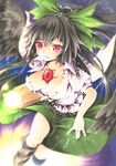  :q arm_cannon black_hair black_wings bow breasts funnyfunny hair_bow large_breasts long_hair red_eyes reiuji_utsuho solo third_eye tongue tongue_out touhou weapon wings 