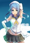  arm_up armpits beret blue_eyes blue_hair blush breasts elbow_gloves gloves hand_on_hip hat kantai_collection medium_breasts school_uniform serafuku short_hair sleeves_rolled_up solo tilt-shift torn_clothes urakaze_(kantai_collection) white_hat yellow_neckwear 