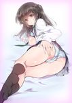  ass blue_bra blue_panties blush bra bra_lift breasts brown_eyes brown_hair feet highres lace lace-trimmed_panties large_breasts legs long_hair looking_at_viewer lying mochiko_(x-game) nipples no_shoes on_side original panties partially_visible_vulva school_uniform socks soles solo spread_pussy_under_clothes thighs underwear 