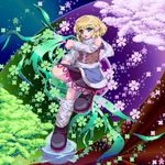  arm_warmers blonde_hair cherry_blossoms flower green_eyes kisasage_kouta leg_warmers mizuhashi_parsee open_mouth petals pixel_art pointy_ears scarf short_hair sleeveless solo touhou 