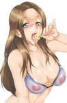  1girl bad_id brown_hair candy cum cum_on_body cum_on_breasts cum_on_upper_body facial green_eyes lollipop long_hair looking_at_viewer nipples open_mouth original oxxo_(dlengur) see-through simple_background solo tongue 