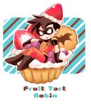  1boy bat_(symbol) batman_(series) berry black_hair boots cape character_name dc_comics domino_mask food fruit gloves imo_(ume_syrop) male male_focus mask md5_mismatch miniboy pastry robin_(dc) solo strawberry tim_drake 