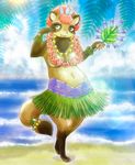  anthro blue_eyes breasts digitigrade female grass_skirt lei looking_at_viewer mammal markings melonleaf open_mouth sea socks_(marking) voluptuous water 