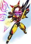  armor artist_request bodysuit cosmic_break highres multicolored multicolored_wings pink_ribbon purple_hair red_eyes ribbon solo symbol-shaped_pupils tail tesladonna wings 