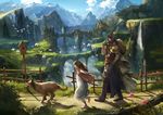  1girl animal bad_id bad_pixiv_id bag belt bird birdhouse bridge brown_hair building cape carrying carrying_over_shoulder child city cliff closed_eyes cloud day dog dress fantasy fence flower flying futari_to_ippiki_no_tabi hand_in_pocket hood landscape long_hair looking_at_another mountain nature open_mouth original outdoors outstretched_arms path profile road running sae_(revirth) sandals scenery sky strap walking water waterfall 